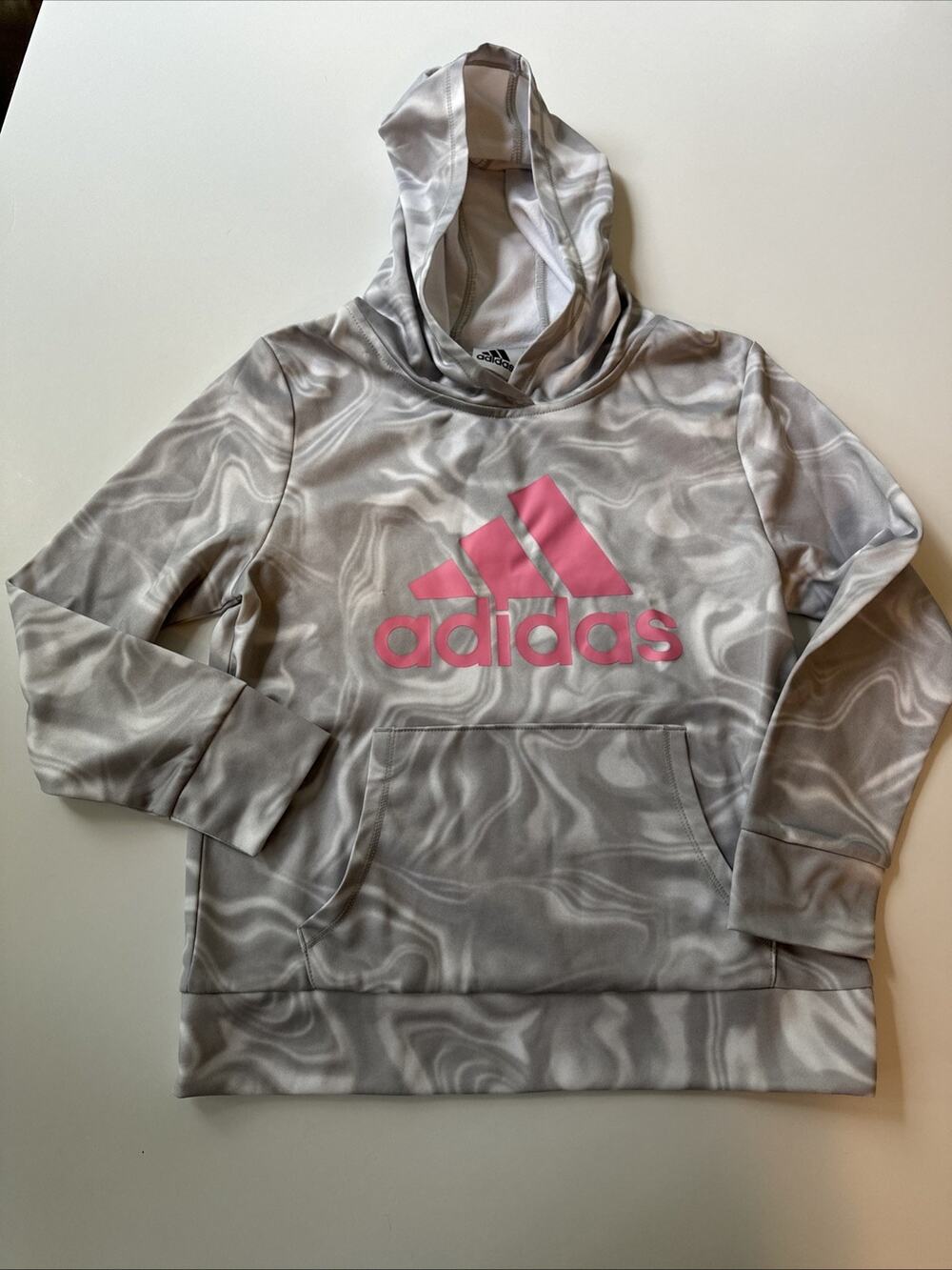 Adidas Girls Youth Medium 10/12 Gray Pink Logo Sweatshirt Hoodie Pull Over